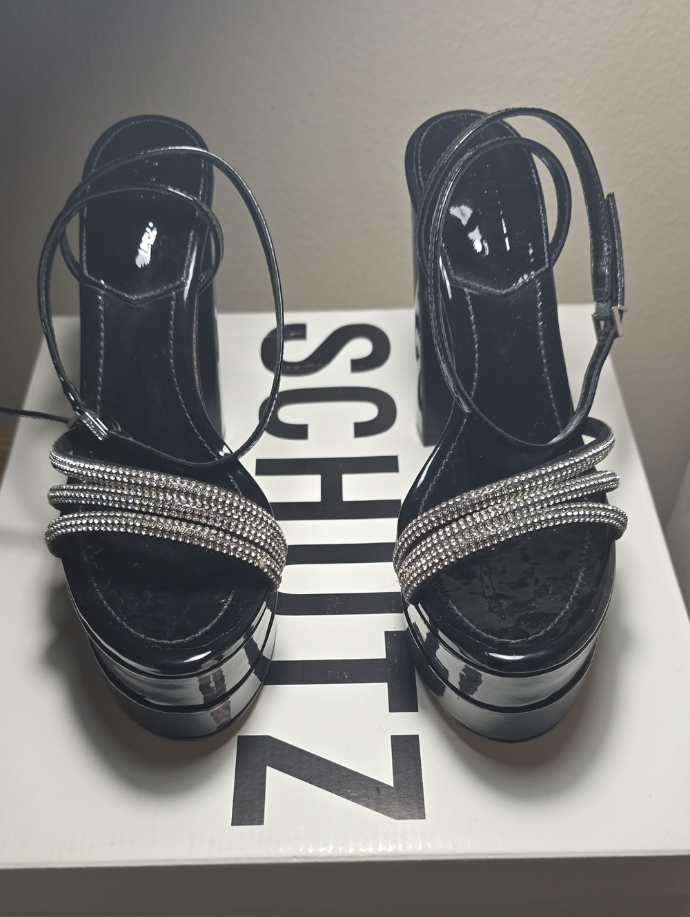 SCHUTZ Black Patent Platform Sandals with Crystal-Strap Accent